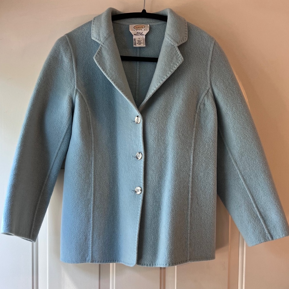 Talbots Vintaga Wool Cashmere Blend Long Line Coat 8 Blue Tortoise Shell Buttons